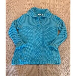Liz & Co Sweater Size XL Cable & Rib Knit V Neck Collar Pockets Turquoise Blue
